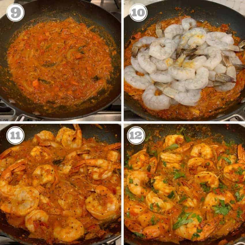 final steps showing adding shrimp to the sauce and cooking