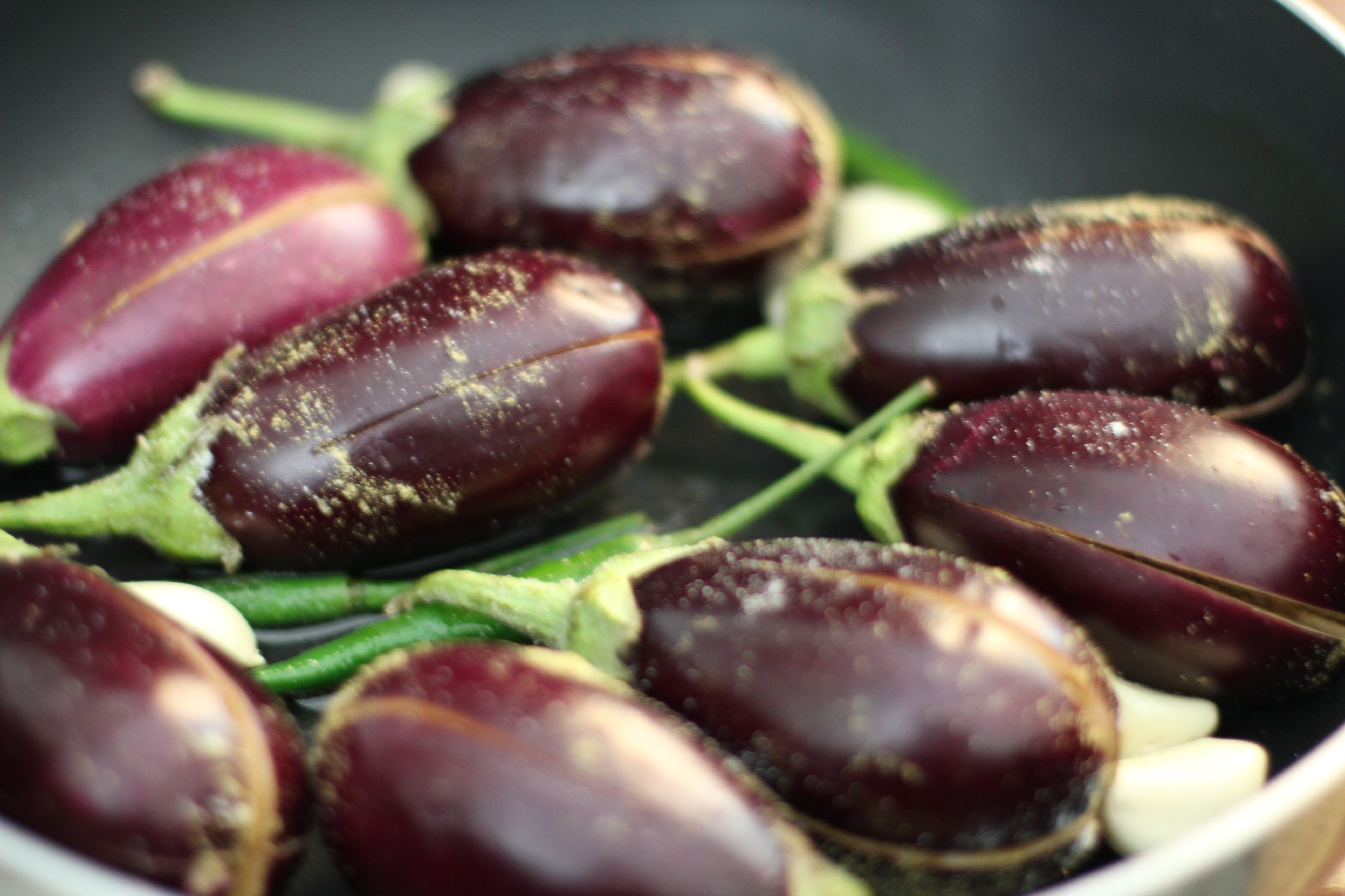 eggplant and garlic in a non stick pan 