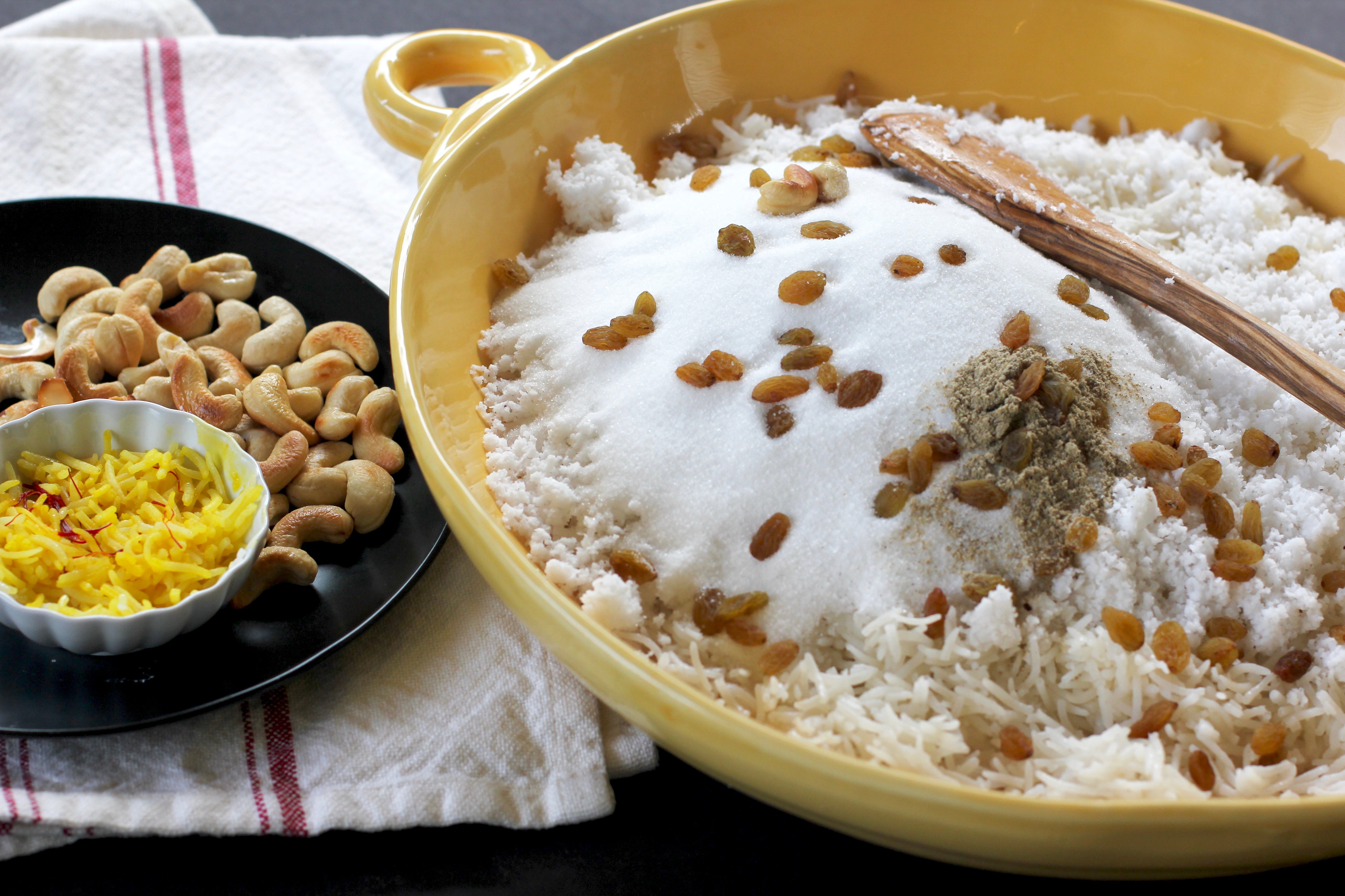 cooked rice with sugar, coconut, raisins and cardamom 