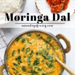 pinterest pin with photo of moringa dal served with rice