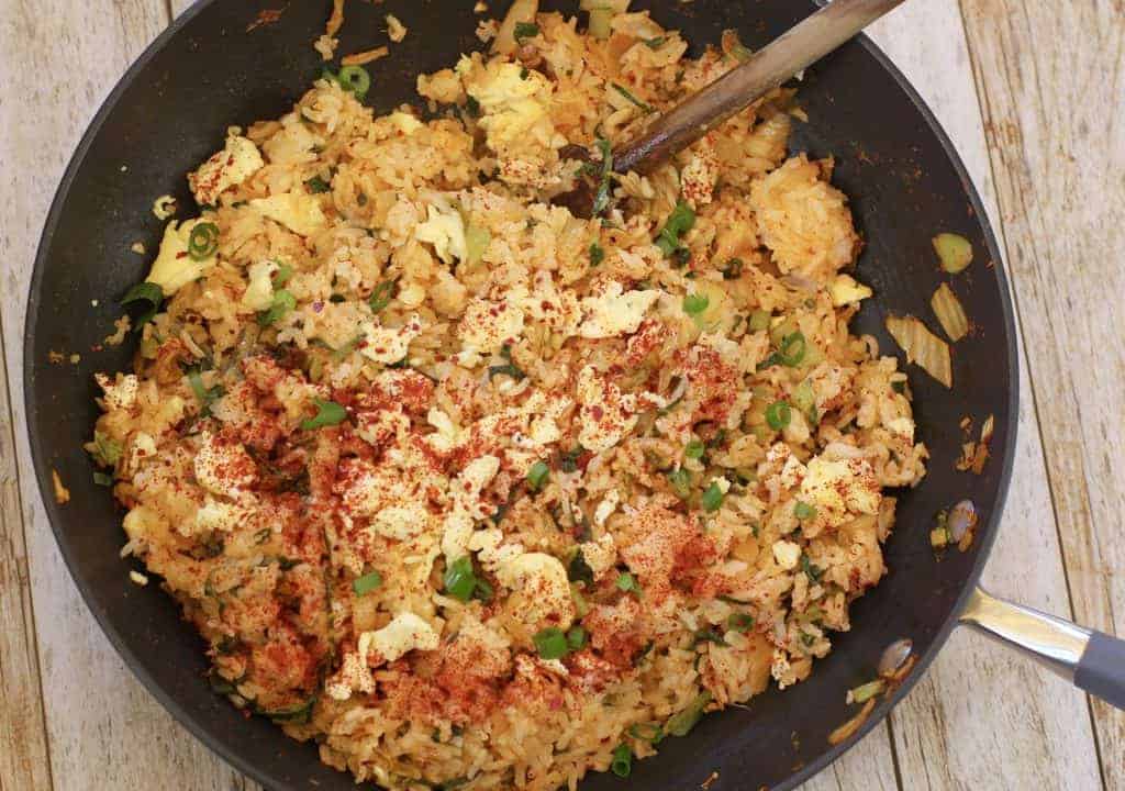 kimchi fried rice in a wok 