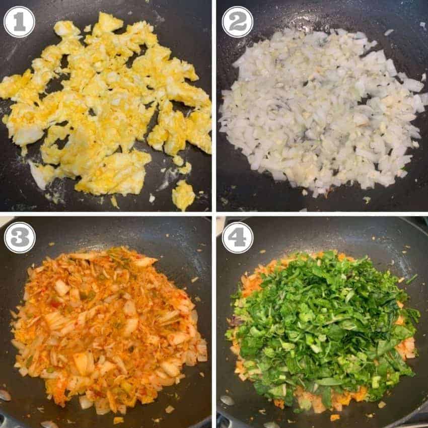 step one through four showing how to make kimchi fried rice  