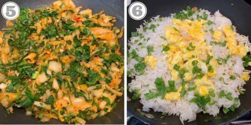 step five and six showing how to make kimchi fried rice 