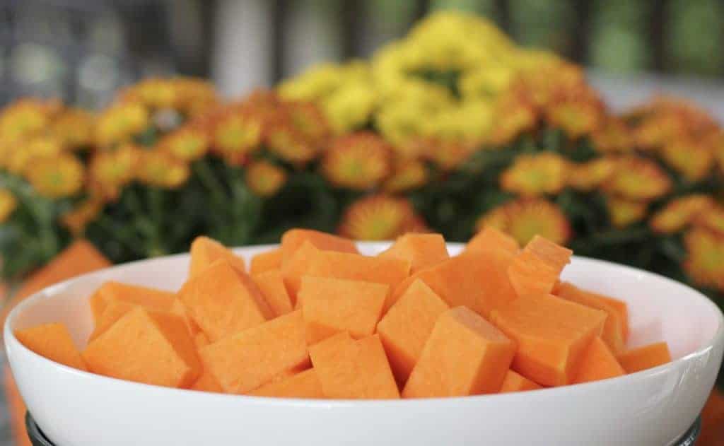 cubed pumpkin in a bowl 