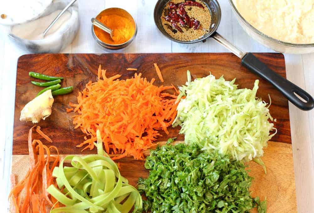Vegetables prepped for handvo 