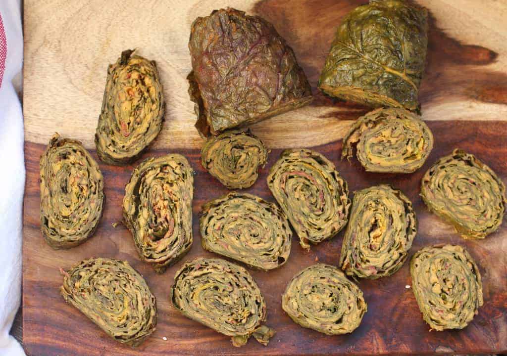 Steamed Swiss Chard rolls cut into thin discs 