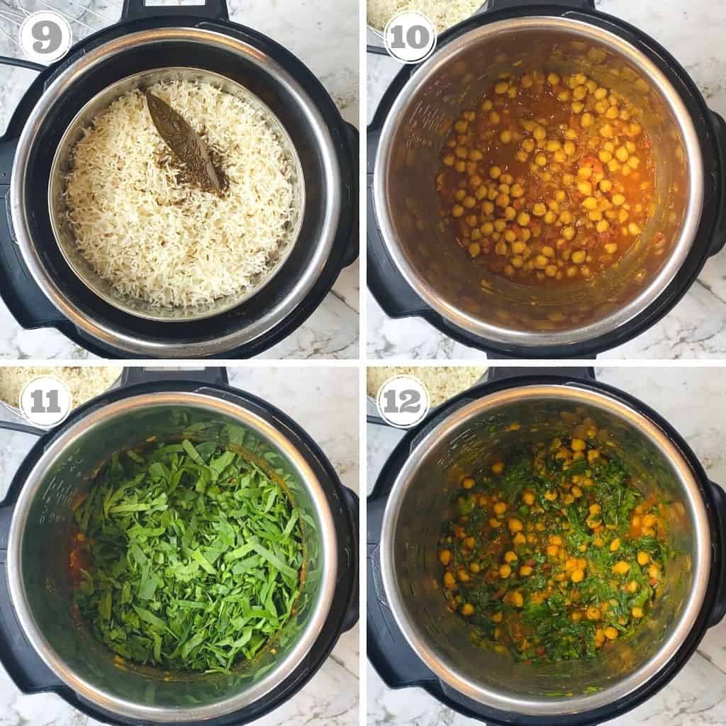 photos nine through twelve showing how to cook curried chickpeas and rice in Instant Pot 