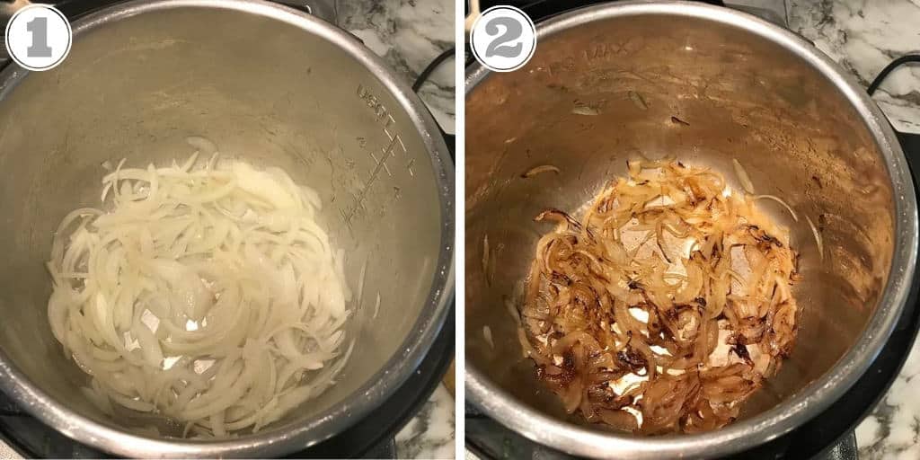 steps showing sauteing onions in Instant Pot