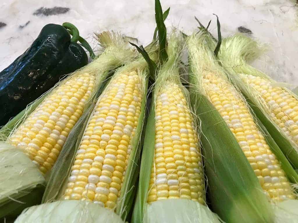 corn in the husk and poblano peppers