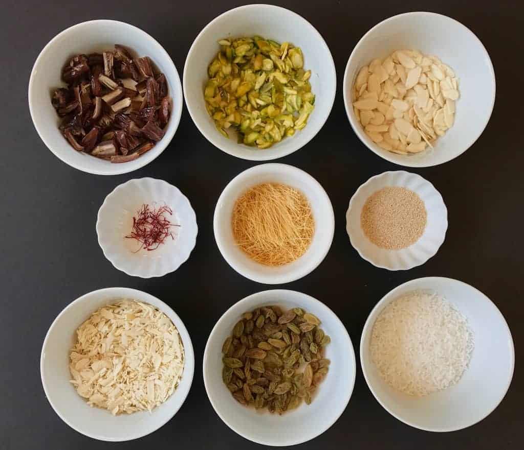 sheer khurma ingredients in bowls