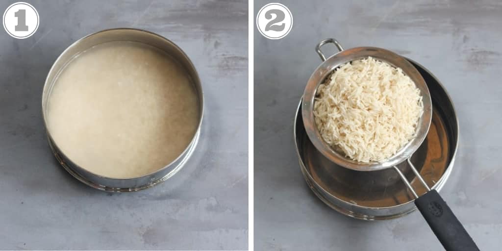 steps showing soaking and draining rice