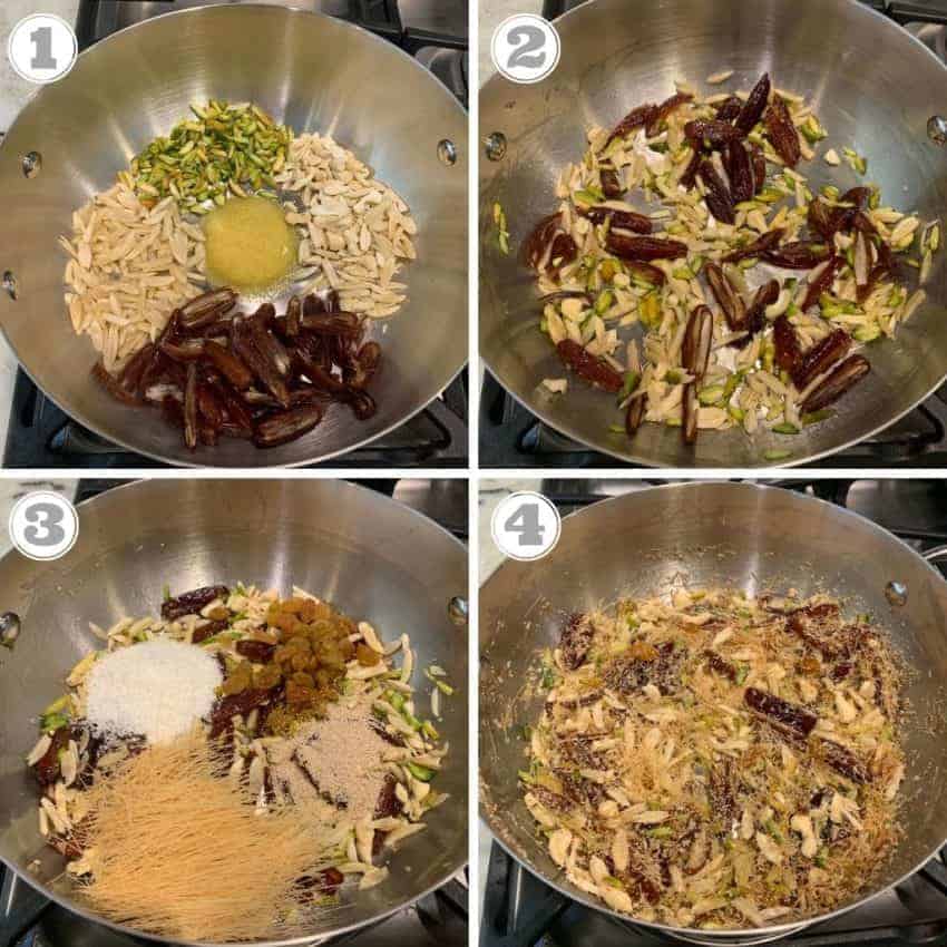 roasting dates, nuts & vermicelli in ghee