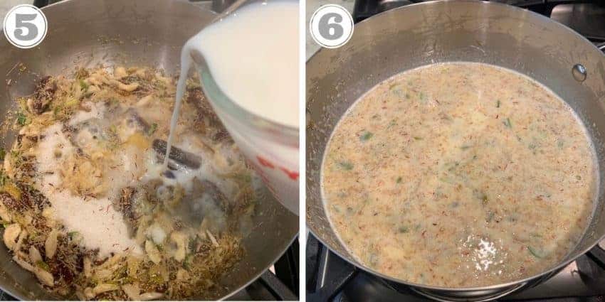 steps showing adding milk to sheer khurma