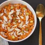 sweet potato halwa served in a white bowl