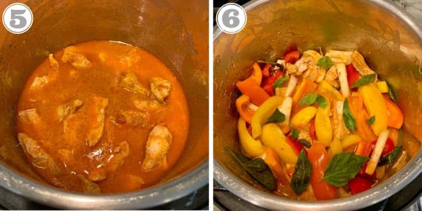 Steps showing adding vegetables to Thai Red Curry 