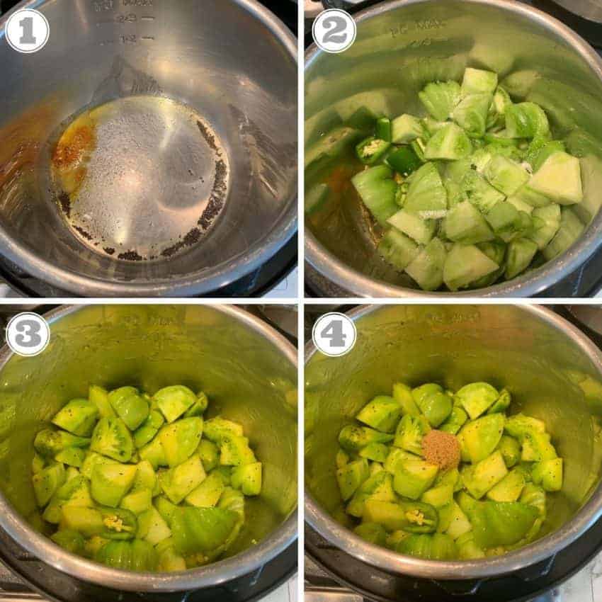 steps one through four showing tempering and adding ingredients for tomato chutney