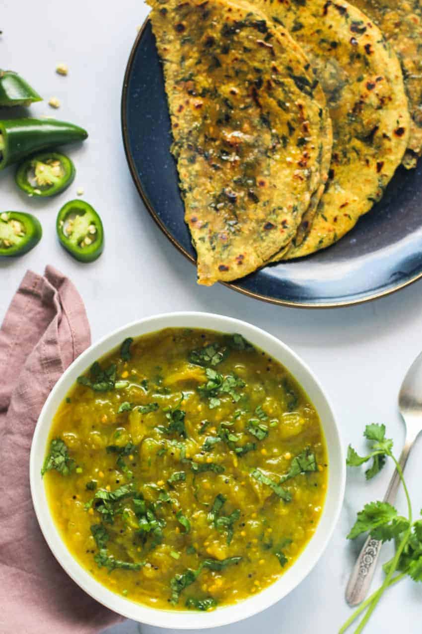 green tomato chutney served with parathas