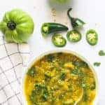 green tomato chutney in a white bowl