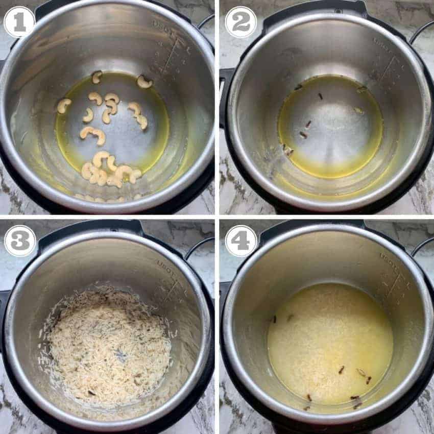 steps one through four showing how to cook sweet coconut rice in the instant pot