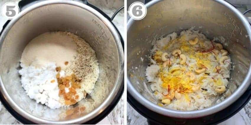 steps five through six showing adding ingredients after rice is cooked in the instant pot