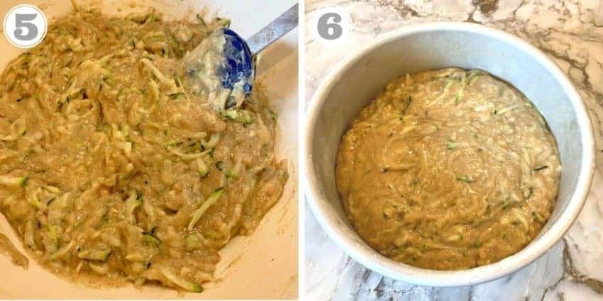 steps five through six showing putting batter in cake pan