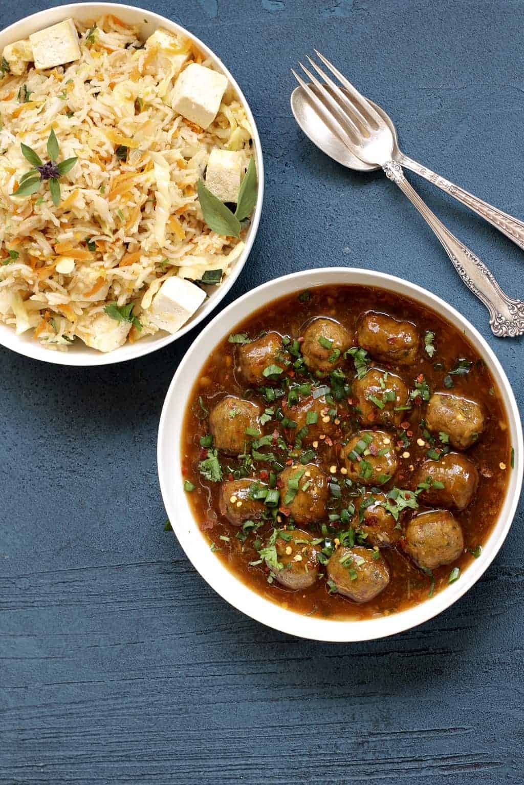 Vegetable Manchurian served with fried rice 