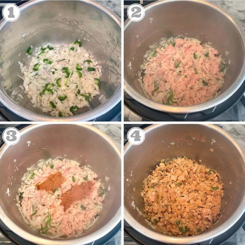 steps one through four showing how to cook instant pot pasta