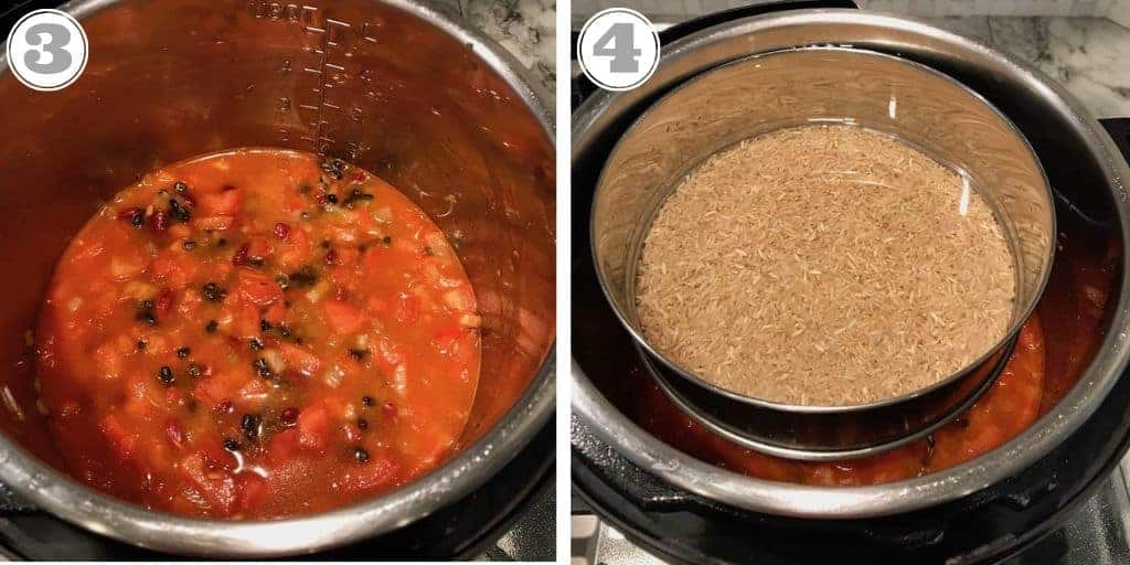 steps showing how to cook pot in pot lentils and rice 
