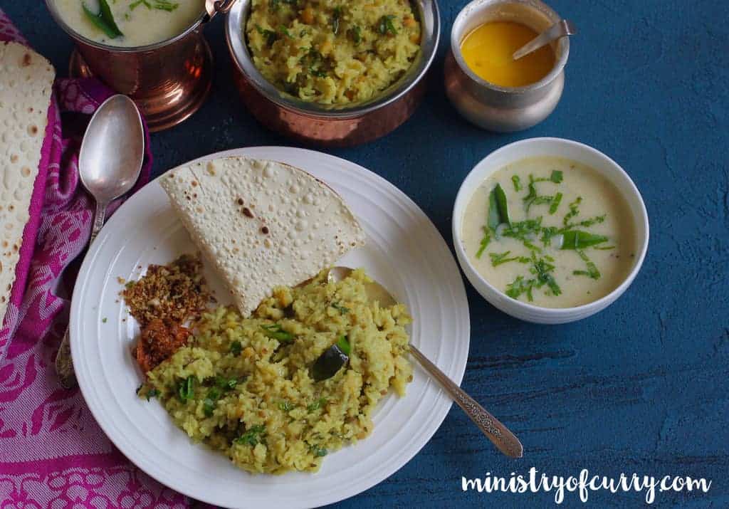 Kadhi, Khichdi and papad with chutney and pickle 