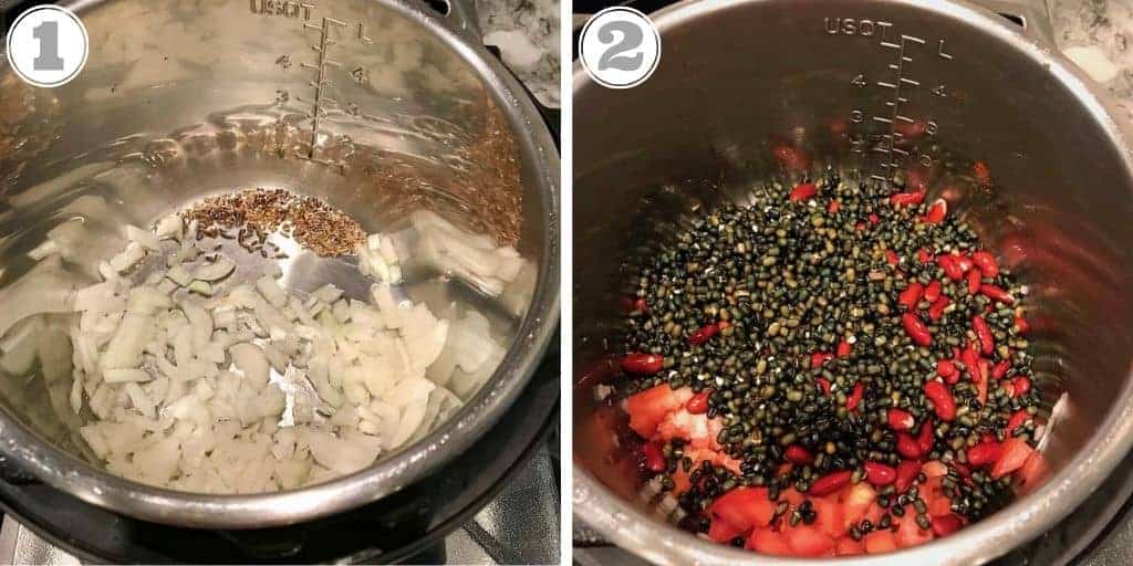 steps showing adding onions, lentils and tomatoes to Instant Pot