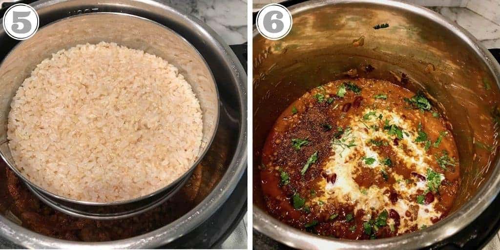 pictures showing cooked rice in pot and madras lentils in Instant Pot