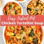 Chicken tortellini soup served in white bowls
