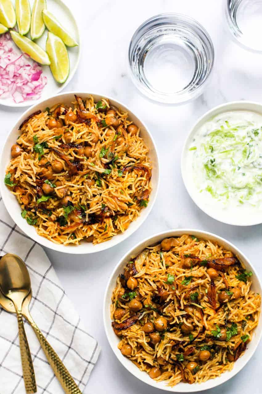 chickpea biryani served with cucumber raita 