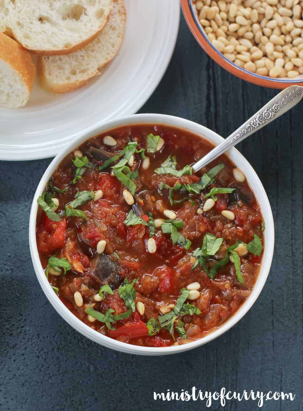Eggplant and Red Pepper Spread in a white bowl
