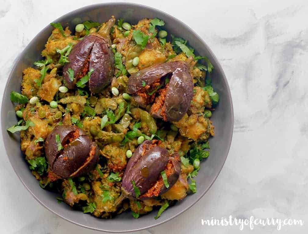 Undhiyu - Mixed vegetable Casserole dish served in a bowl. 