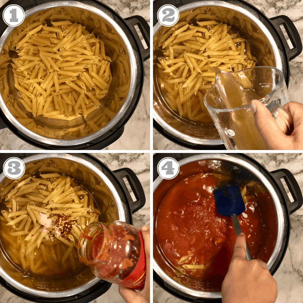Steps showing how to cook pasta in Instant Pot