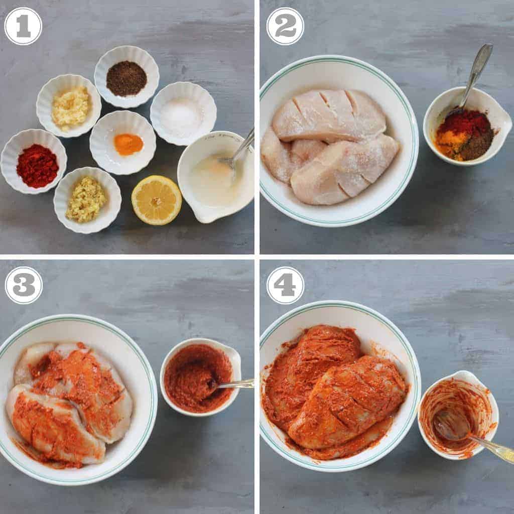 steps showing how to make Chicken Tandoori marinade