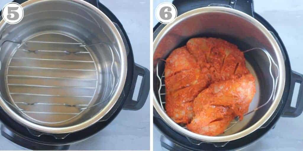 trivet with marinated tandoori chicken in Instant Pot