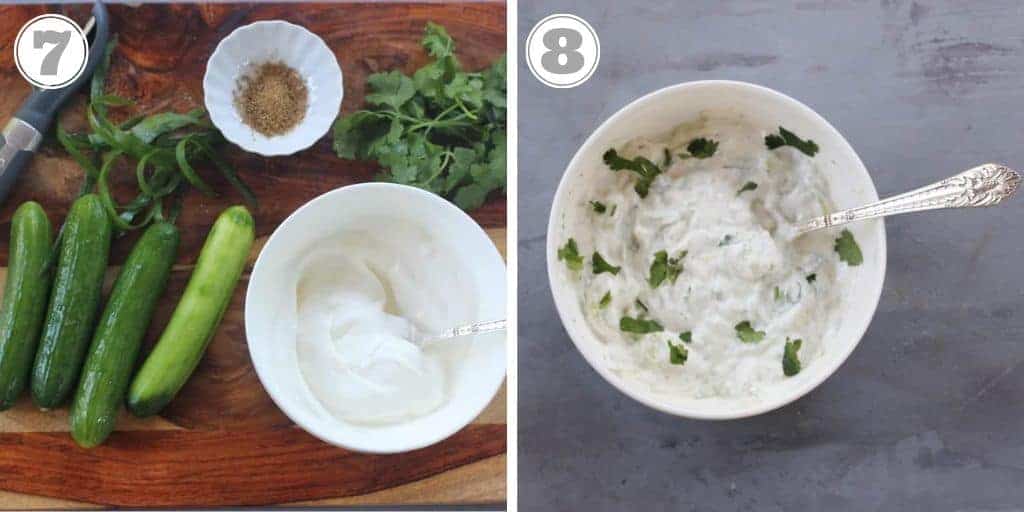 steps showing how to make cucumber raita