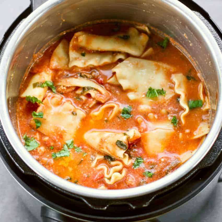 Cooked lasagana soup in the Instant Pot