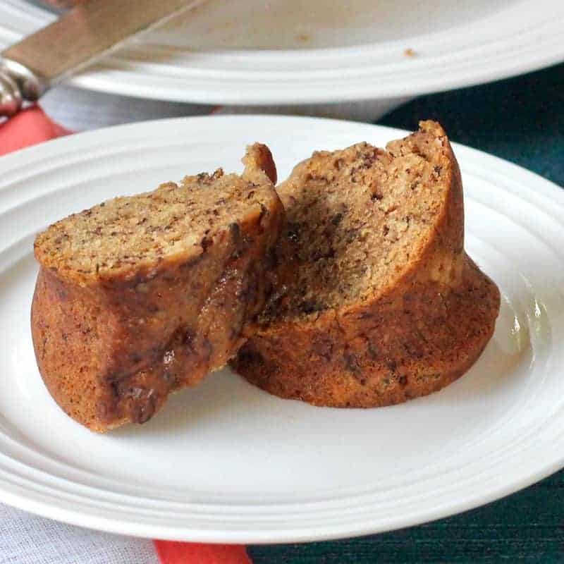 two slices of banana bread on white plate