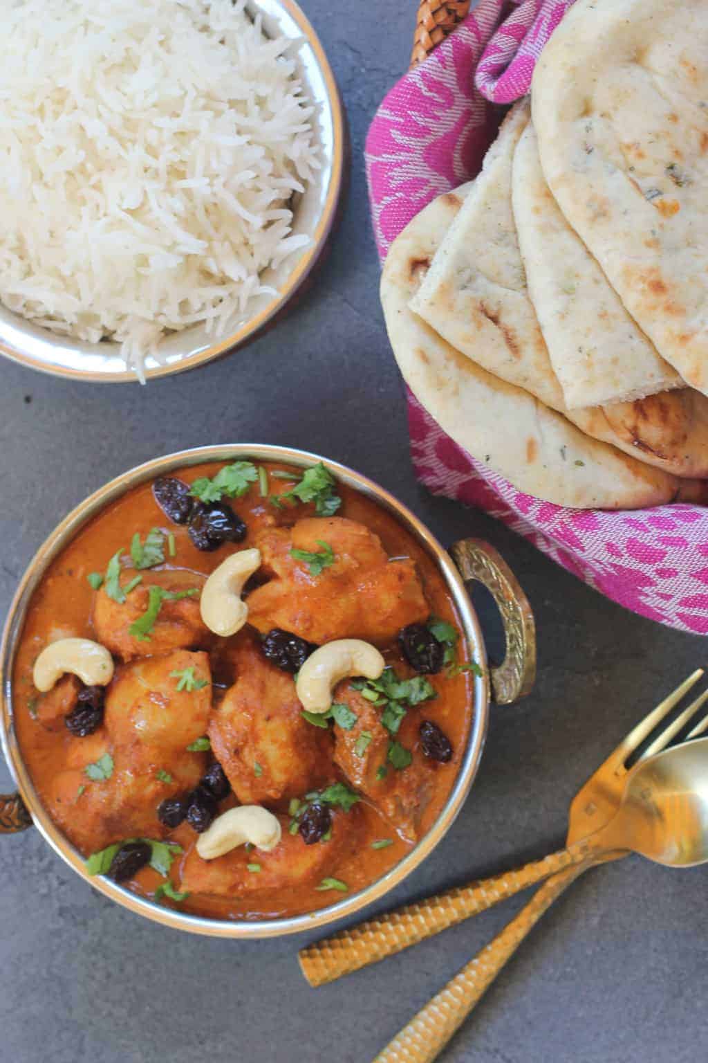 Shahi Chicken Korma with naan and basmati rice 
