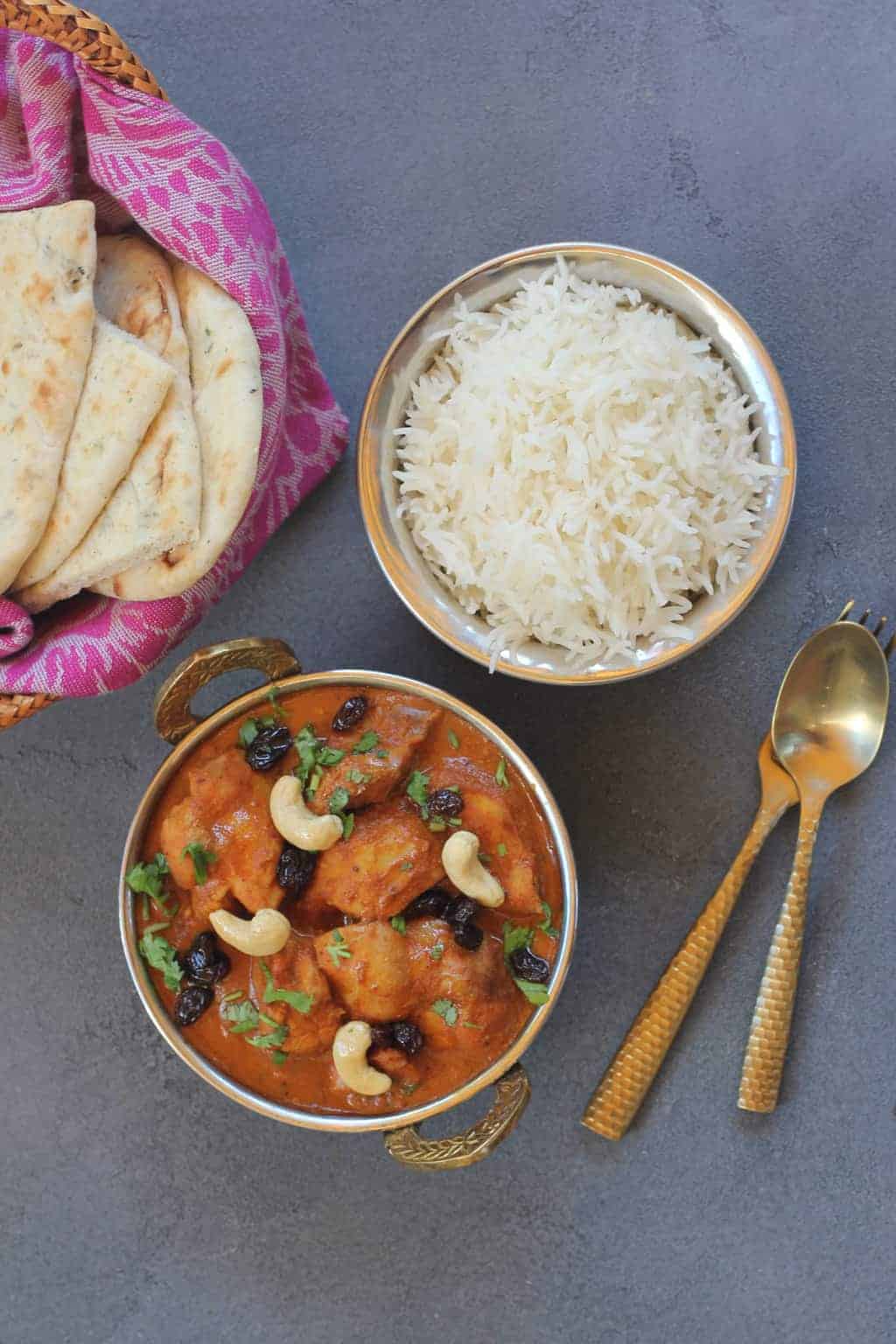 Shahi chicken Korma with basmati rice and naan 