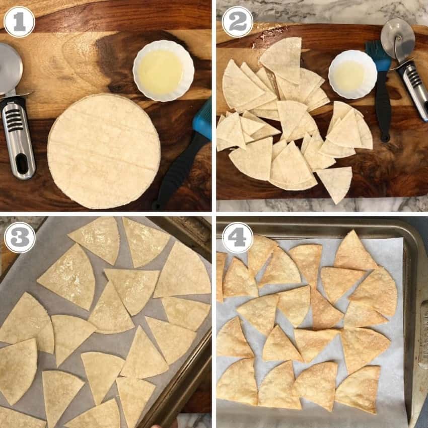 steps one through four showing how to make homemade baked tortilla chips