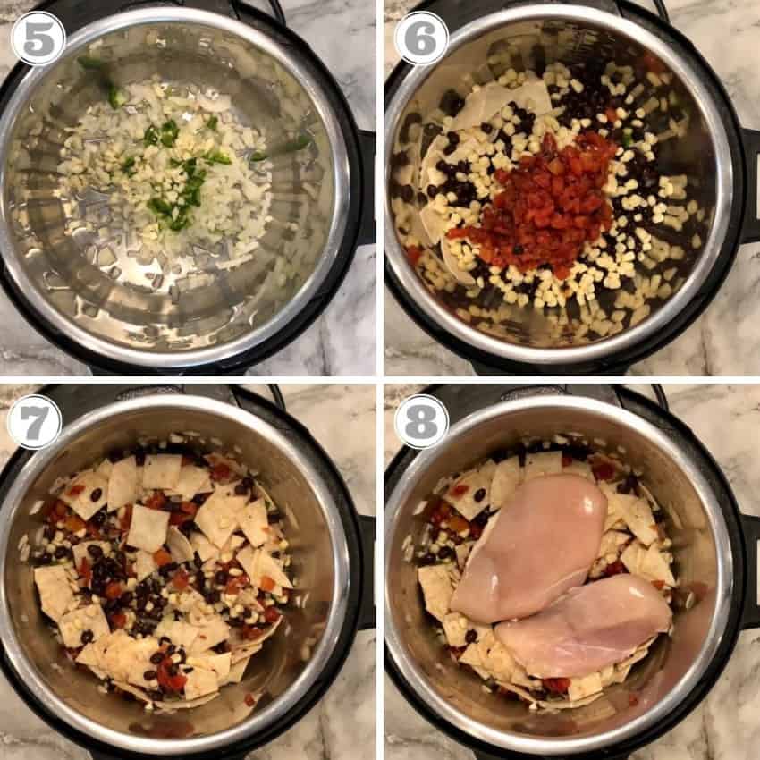 steps five through eight showing making instapot chicken tortilla soup
