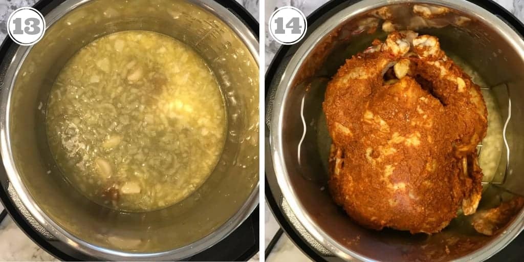 steps showing onions, chicken broth and placing whole chicken in Instant Pot
