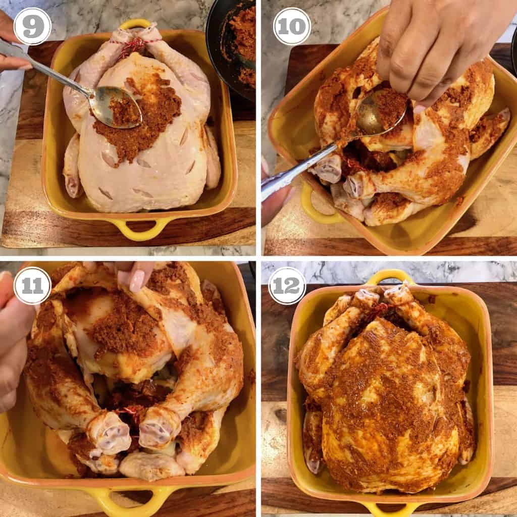 steps showing how to spread marinade evenly over chicken