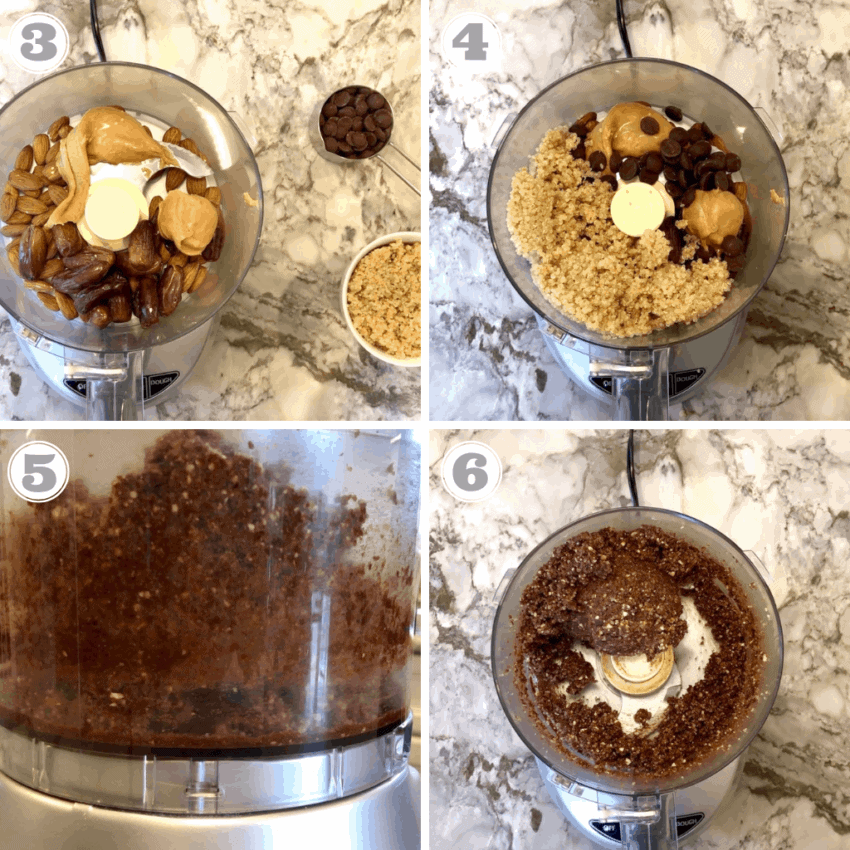 4 photos showing ingredients for quinoa energy bites being processed in a food processor