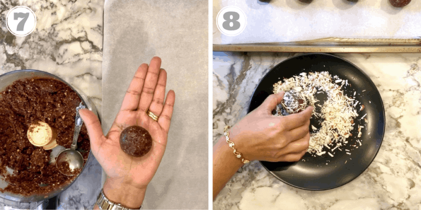 2 Photos showing quinoa protein balls being rolled and coated in chopped almonds