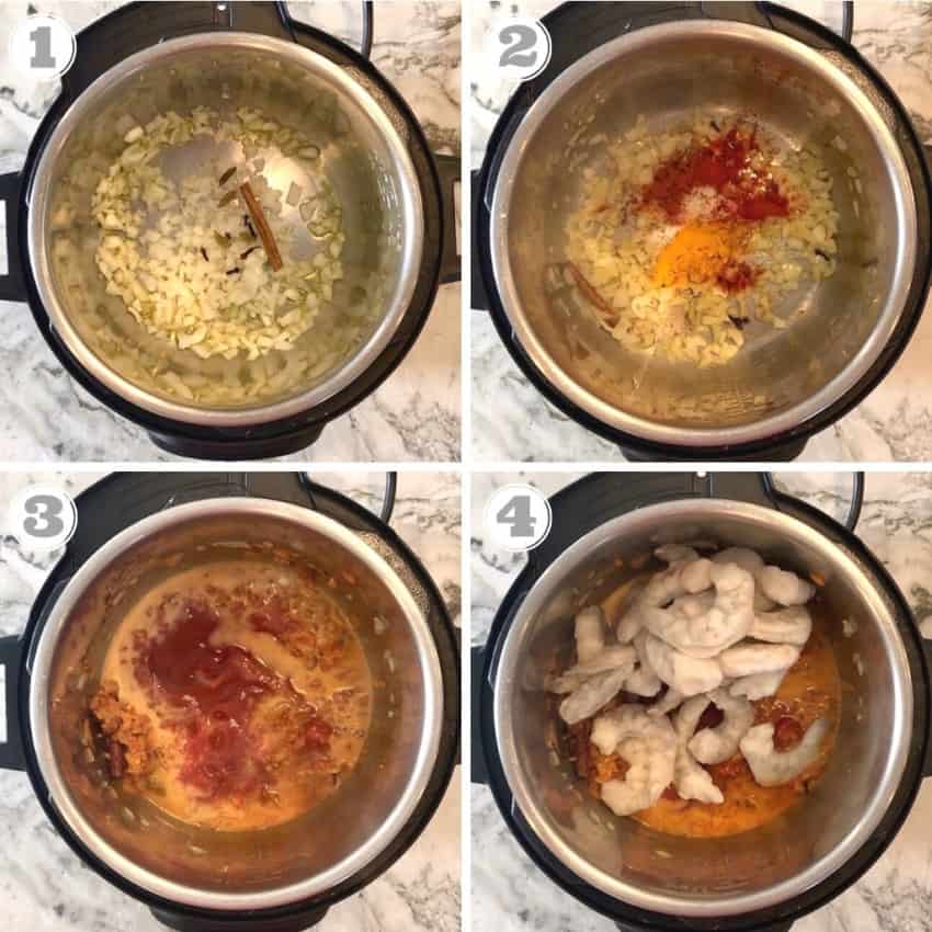 steps 1 through 4 on how to cook shrimp curry in Instant Pot